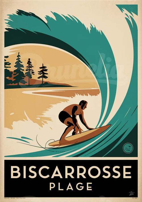 Affiche surfeur stylisé - Nature et plage à Biscarrosse