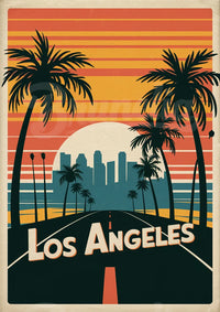 Affiche Los Angeles route palmiers coucher de soleil