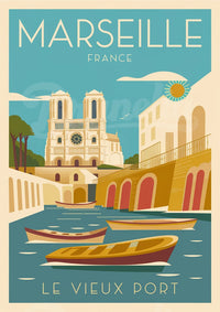 Affiche illustrée – Scène Méditerranéenne au Vieux-Port
