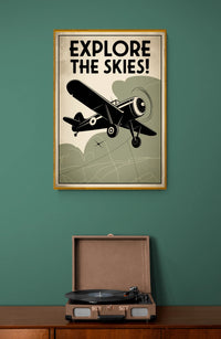 Affiche aviation rétro Explore The Skies biplan