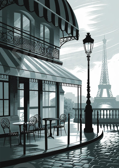 Affiche terrasse parisienne art déco gris