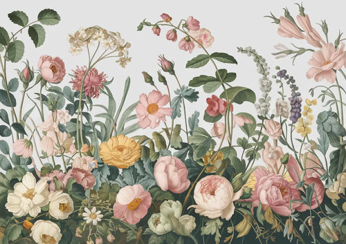 Illustration botanique lumineuse – Fleurs pastel et feuillages