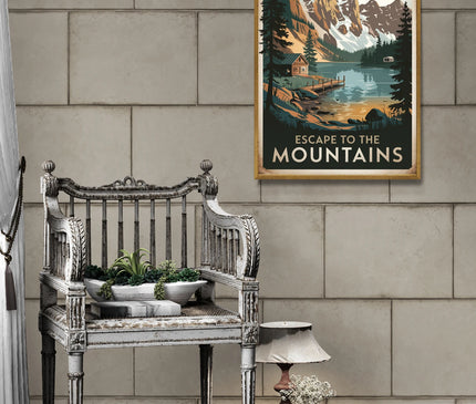 affiche lac en montagne vintage