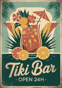 Affiche Tiki Bar tropical ouvert 24h années 1950