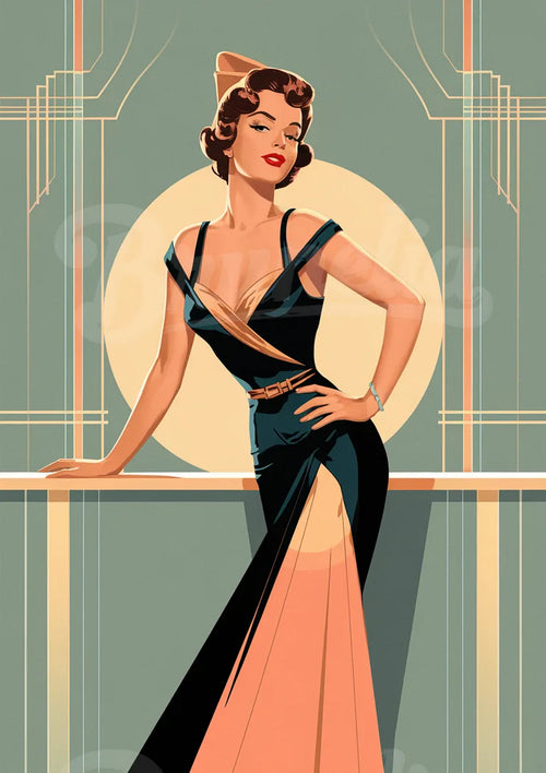 Illustration rétro Art déco – Élégance en robe noire et saumon