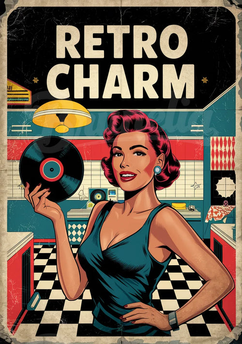 Affiche rétro femme au vinyle – Ambiance diner 50s