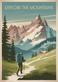 Illustration rétro – Randonneur vers les sommets alpins