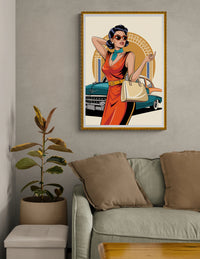 Affiche femme élégante années 1950 et voiture décapotable
