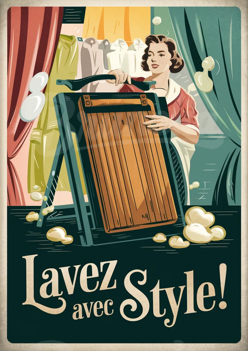 Affiche Rétro Femme au Lavoir - Éclat Vintage et Mousse