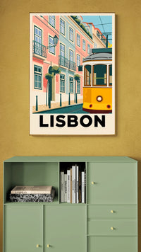 Affiche Tramway jaune et architecture colorée Lisbonne