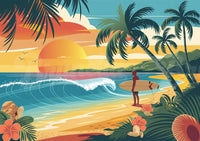 Affiche surfeur coucher de soleil tropical