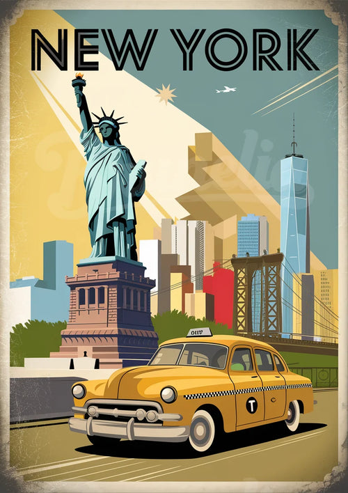 Affiche Taxi jaune et Statue de la Liberté New York
