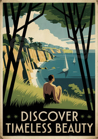 Affiche côtière rétro femme contemplant une baie avec voiliers