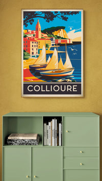 Affiche Collioure port voiliers jaunes côte catalane