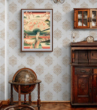 Affiche femme éventail sakura paysage asiatique