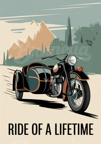 Affiche Sidecar et paysage montagneux rétro Moto