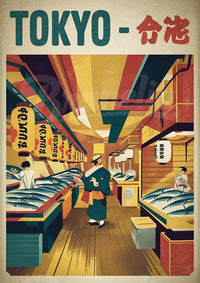 Affiche artistique de marché aux poissons Tokyoïte