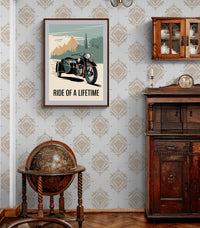 Affiche Sidecar et paysage montagneux rétro Moto