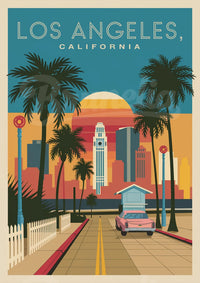 Affiche rétro – Rue bordée de palmiers au coucher de soleil