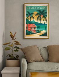 Affiche Guadeloupe maison créole rose cocotiers turquoise