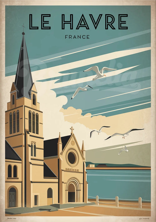 Affiche stylisée d'une église au bord de la mer – Le Havre rétro