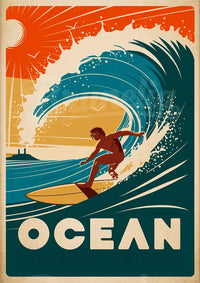 Affiche rétro surfeur vague océan coucher soleil