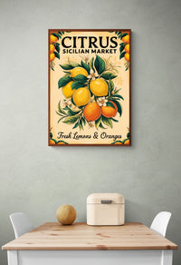 Affiche marché sicilien aux agrumes frais et fleurs