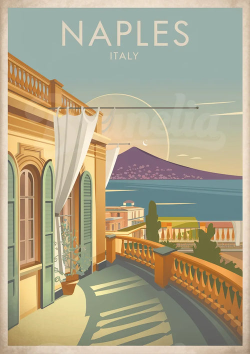 Affiche vue sur le Vésuve d'une terrasse napolitaine