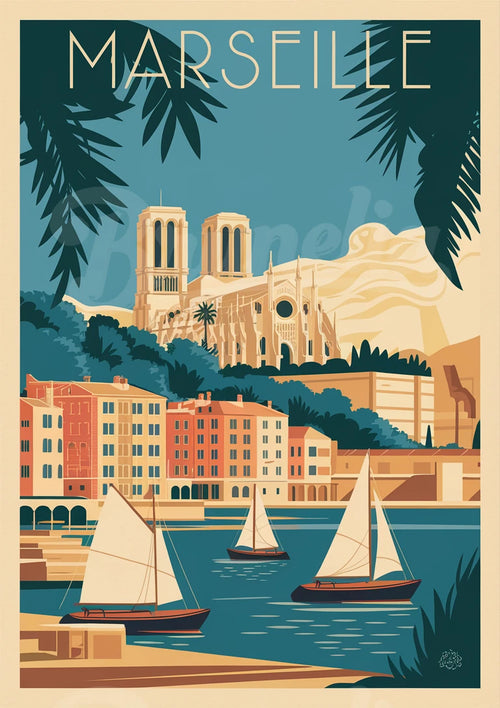 Affiche illustrée – Voiliers et cathédrale néogothique à Marseille