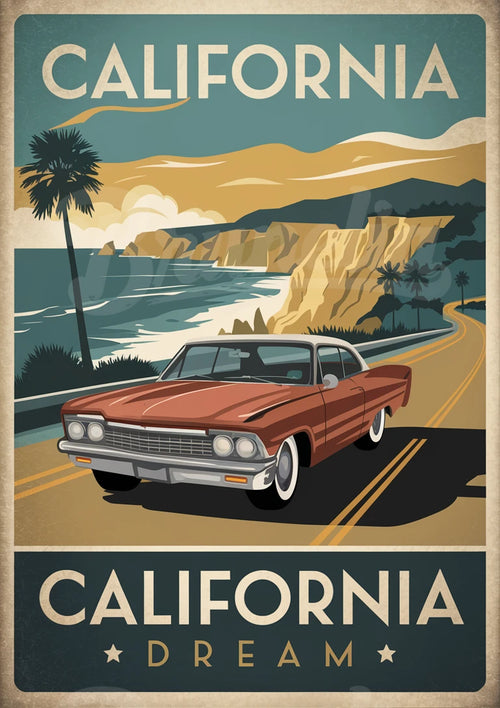 Illustration rétro - Voiture rouge et vue côtière californienne