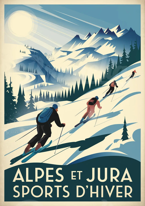 Affiche rétro - Skieurs dans les Alpes enneigées