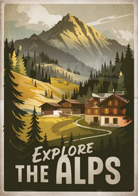 Affiche artistique paysage alpin - Chalets et montagne