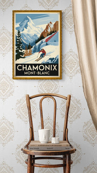 Affiche Chamonix Mont-Blanc skieur et train alpin rétro