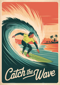 Poster Vague tropicale et Surfeur au coucher de soleil