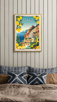 Affiche Style Art Déco avec architecture côtière et Italie