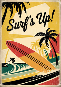 Affiche rétro surfeur tropical avec palmiers et vague
