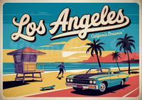 Affiche rétro – Voiture turquoise et plage ensoleillée