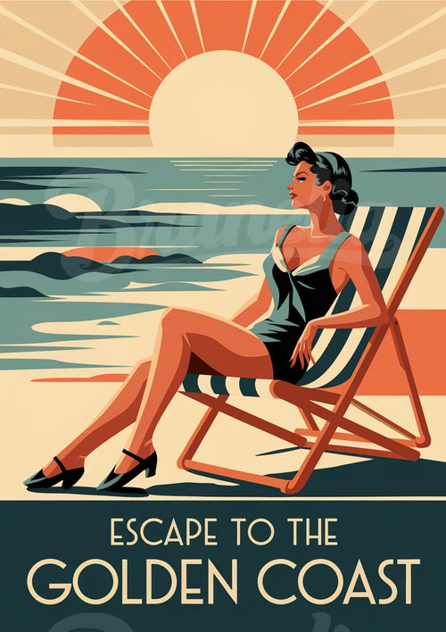 Affiche Femme Élegante sur Plage au Coucher de Soleil