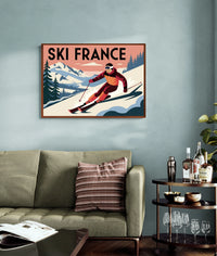 Affiche France descente montagne enneigée rétro Ski