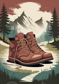 Affiche bottes de randonnée dans la forêt de montagne