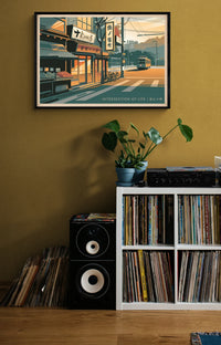 Affiche rue japonaise coucher de soleil style art déco