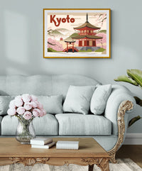 Affiche Kyoto temple japonais et cerisiers en fleurs