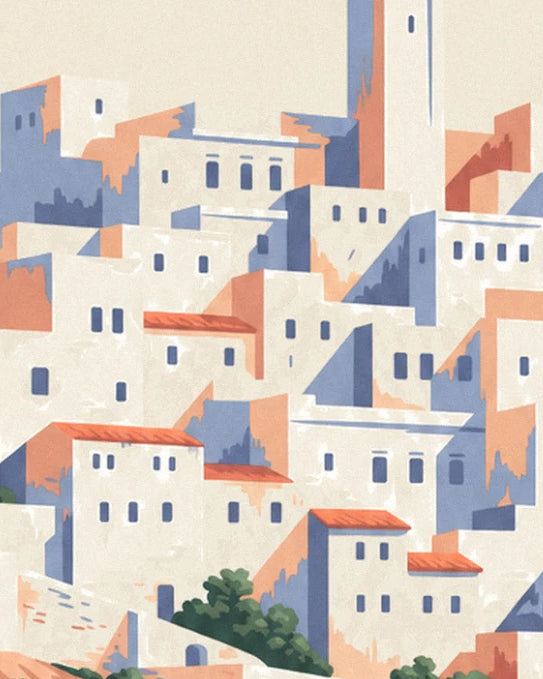 Maisons blanches de la casbah en cascade, ombres bleutées et toits de tuiles orange, minaret au fond