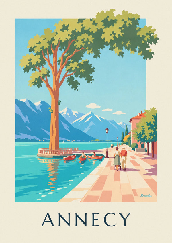 Affiche promenade au bord du lac d'Annecy sous les platanes