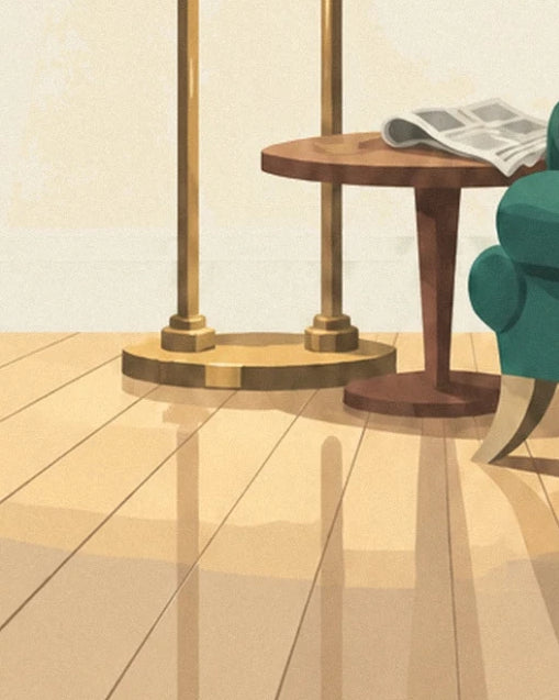 Le socle doré du lampadaire près d’une table ronde avec un journal ouvert