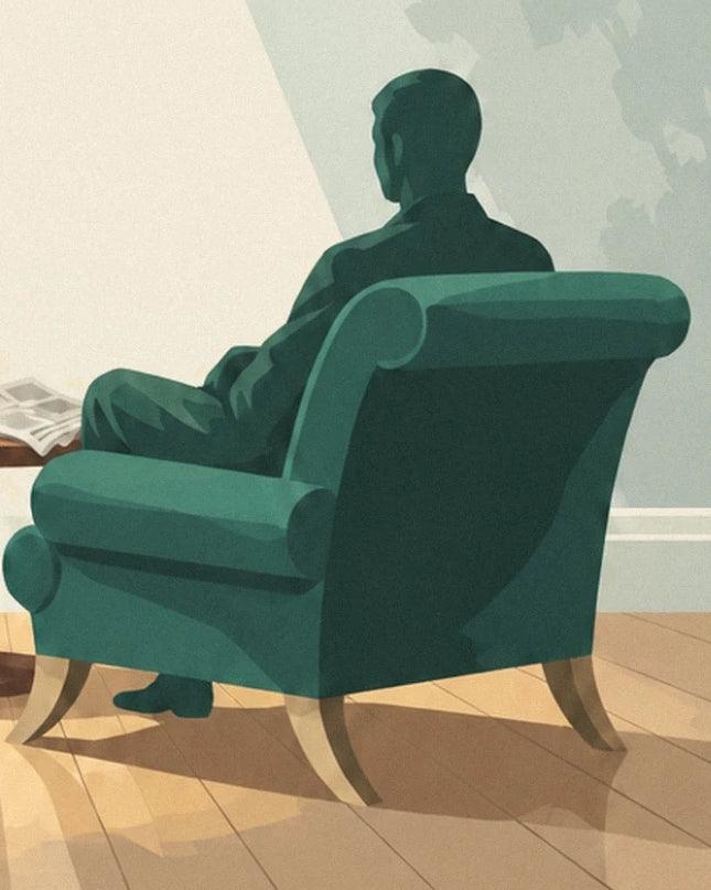 Un personnage assis de dos dans un fauteuil vert profond aux accoudoirs arrondis