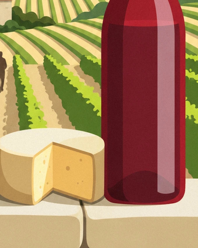 Une meule de fromage entamée et une bouteille de vin rouge devant les vignes