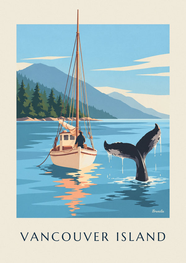 Affiche queue de baleine près d'un voilier au large de l'île de Vancouver