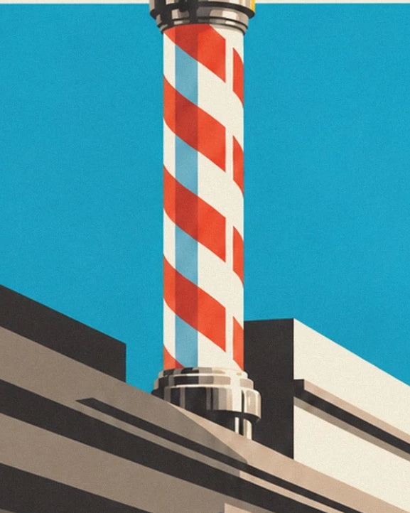 L'enseigne de barbier rayée rouge et bleu sur son socle chromé, sous un ciel turquoise