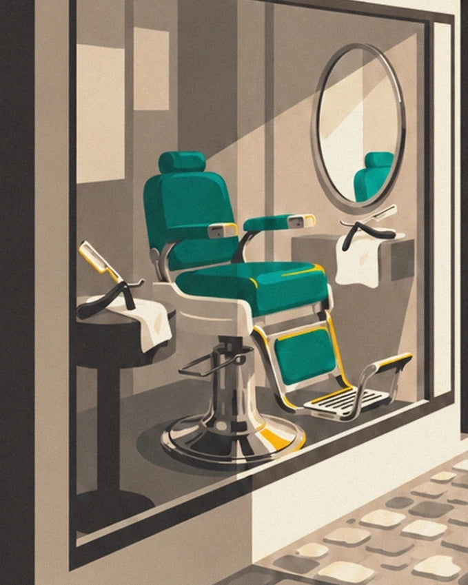 Le fauteuil de barbier vert et chromé dans la vitrine, avec son miroir rond et ses 2 rasoirs